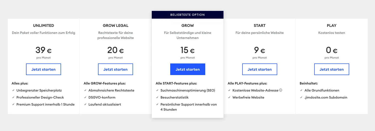 Jimdo Preise Websites