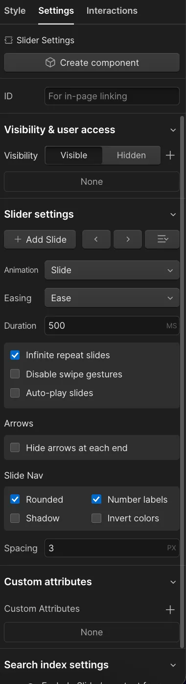 Webflow Slider Einstellungen