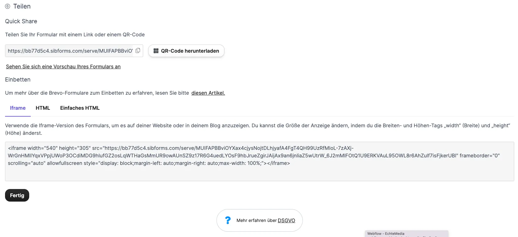 Brevo Formular Teilen