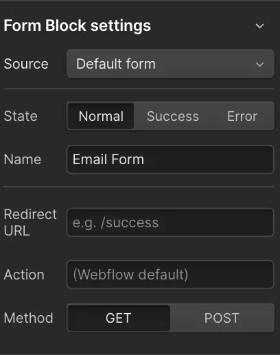 Webflow Formular Einstellungen