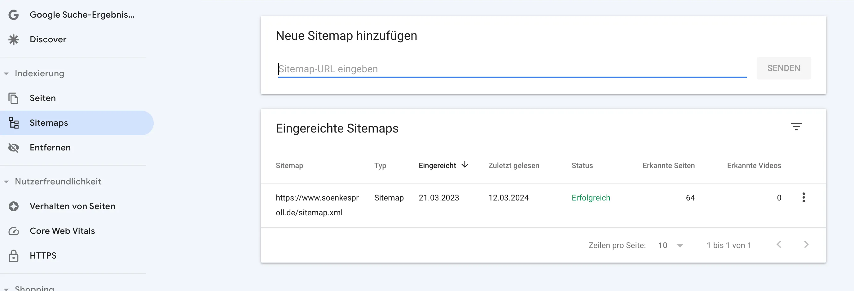 Sitemap in Google Search Console