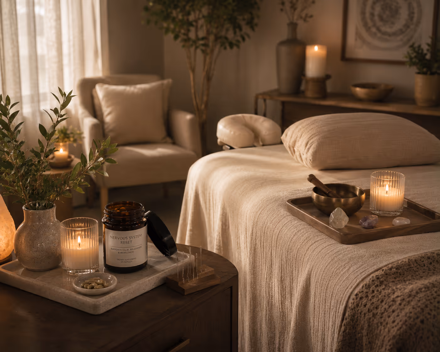 A 60-minute restorative session combining guided meditation, Reiki-inspired healing, and targeted acupuncture. For burnout, chronic stress, and deep rest.