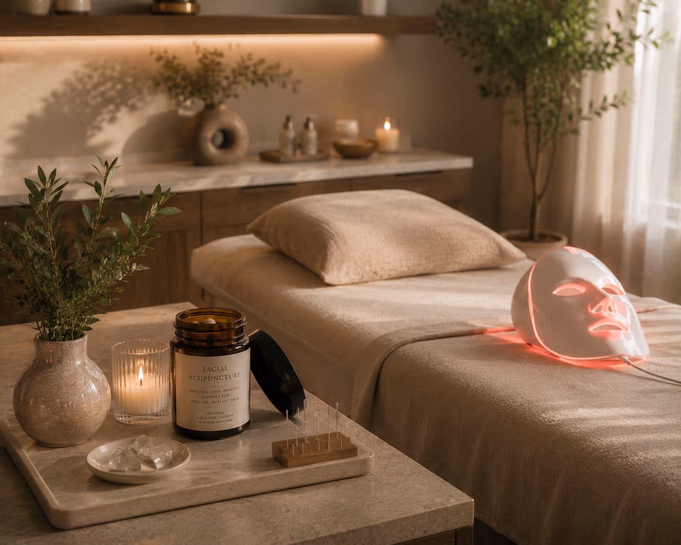 Facial acupuncture for fine lines, hormonal acne, puffiness, and radiance. Whole-body approach with optional LED light therapy add-on.