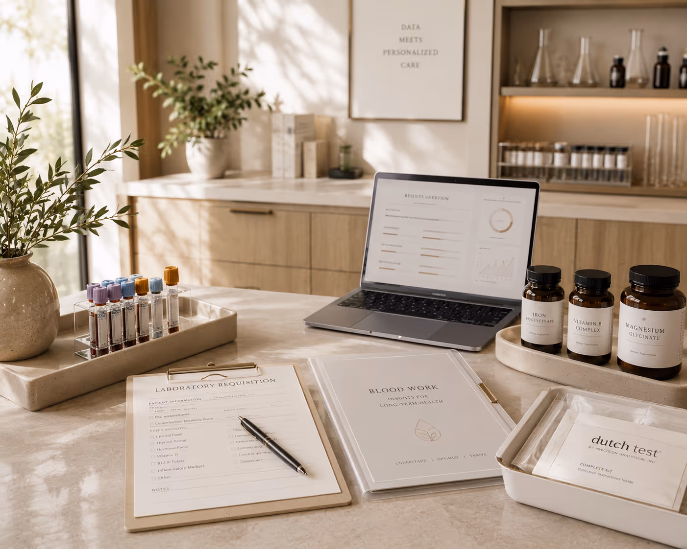 Comprehensive blood work and specialty testing including DUTCH, stool, OAT, food sensitivity, and hair mineral analysis. Assessed against optimal ranges, not just normal.