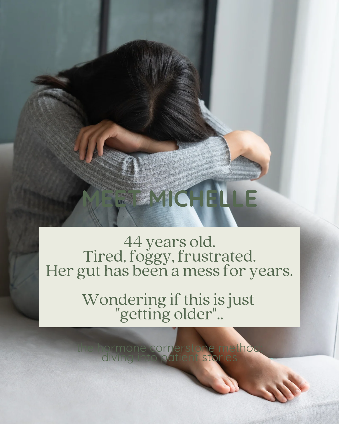 Woman in her 40s curled up on a couch feeling tired and foggy, common perimenopause symptoms