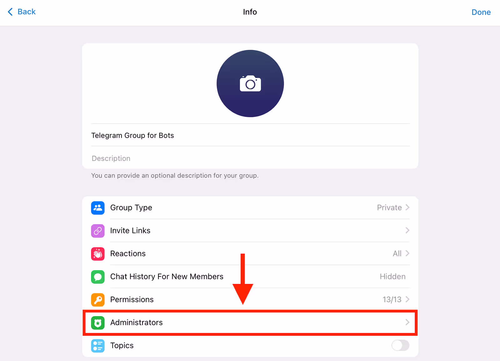 Click on Administrators in your Telegram Group Settings