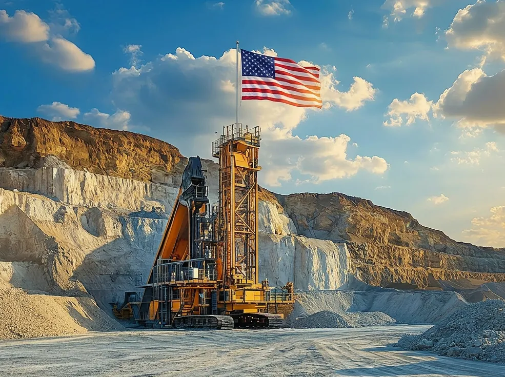 Quarry machinery beneath a United States flag