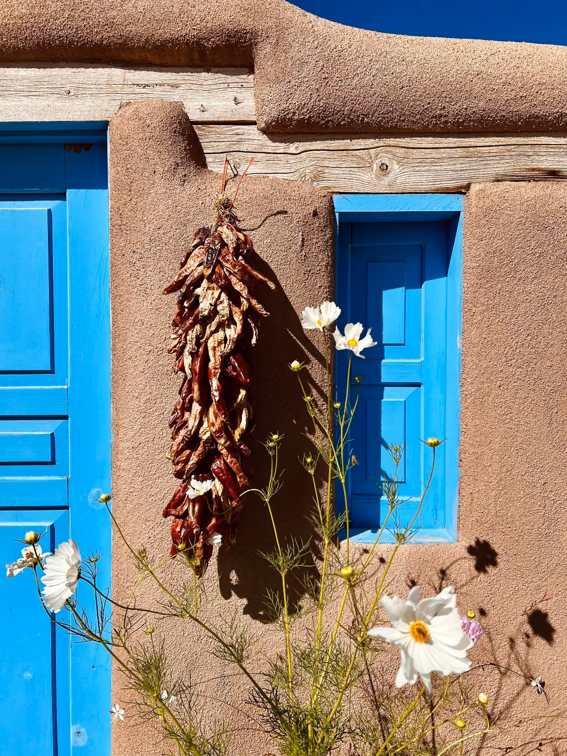 Vibrant light blue doors in a clay house