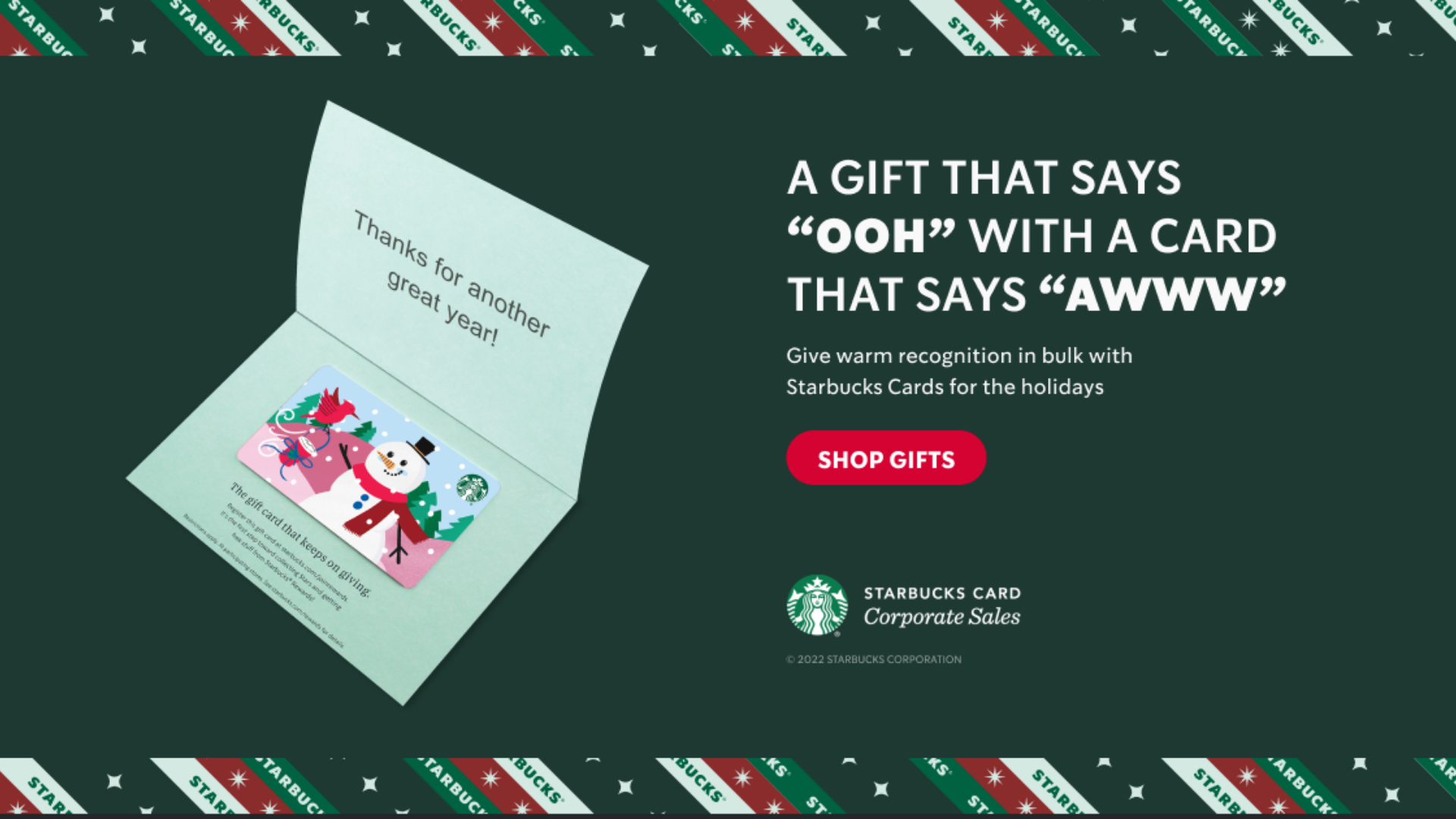 A banner ad for Starbucks Card B2B that says a gift that says ooh with a card that says aw