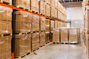 Pallets stacked in a warehouse