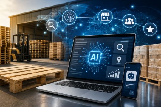 Why AI Visibility Is the New Competitive Edge - AI-powered pallet warehouse and digital marketing dashboard.