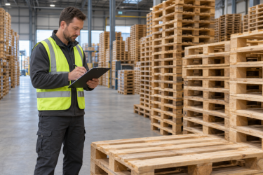  A warehouse worker wearing a high-visibility vest writes on a clipboard beside stacks of wooden pallets.