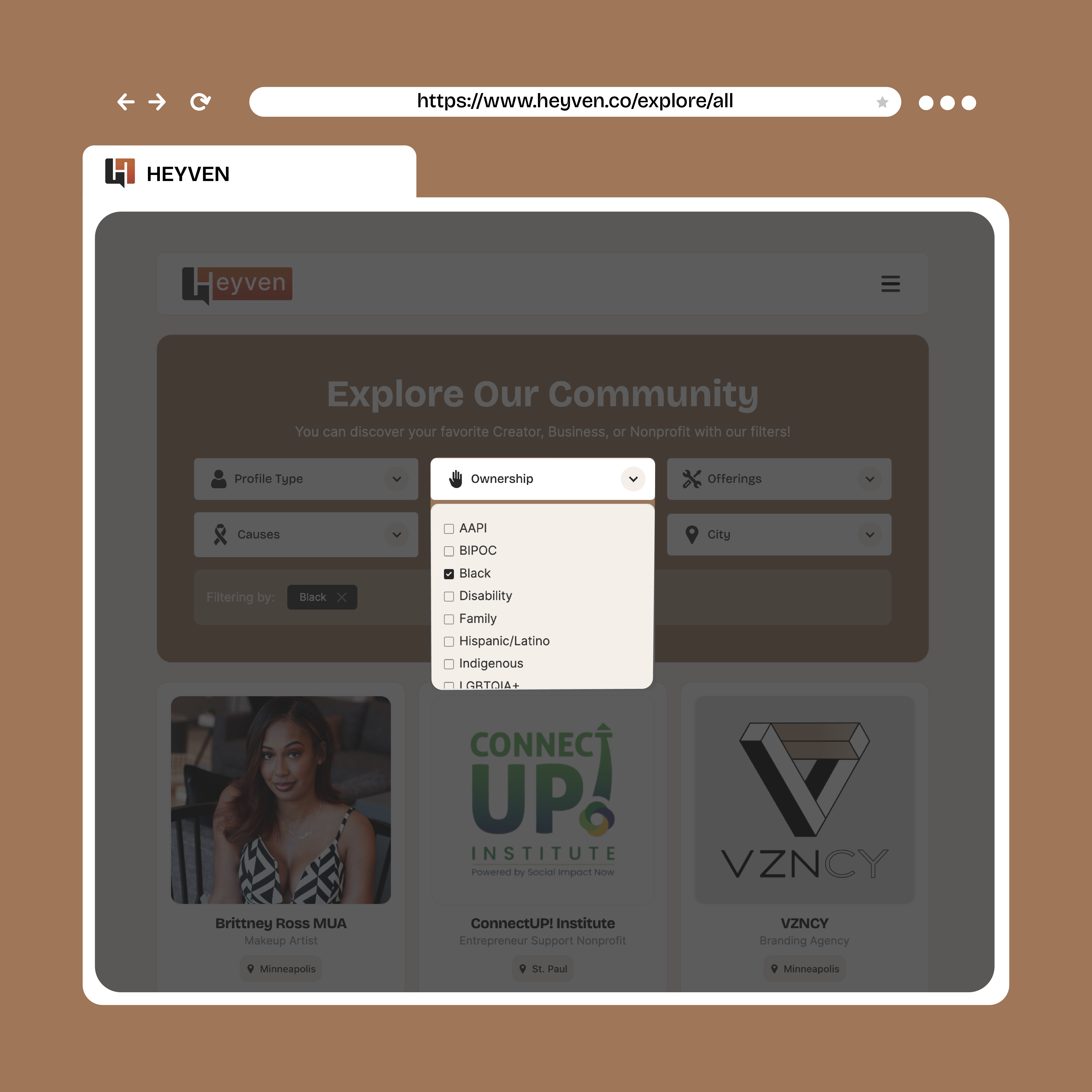 Example of filter search on Heyven