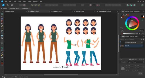 Image from within the Affinity Designer 2 software showing a vector character with the original color and components on the right and the new character creation on the left.
