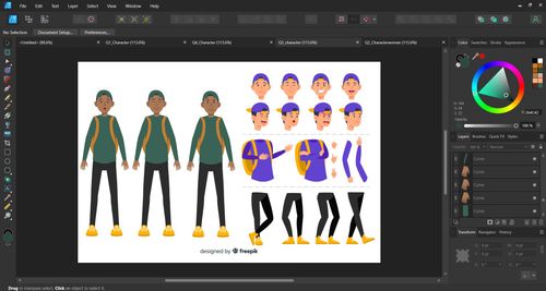 Image from within the Affinity Designer 2 software showing a vector character with the original color and components on the right and the new character creation on the left.