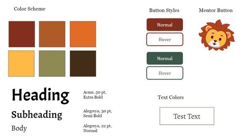 Image of a style guide containing 6 color swatches, 2 button mock-ups, and 3 test fonts.
