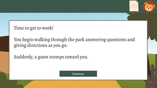 Google Slide wireframe of the slide where the intro transitions to the interactive experience. There is text in the box and graphics on the slide.