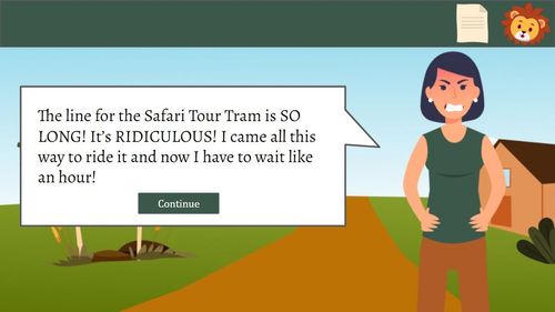 Image of a guest on the slide, the tree has been removed, the continue button is located up in the text box, there is a plant off to the side.