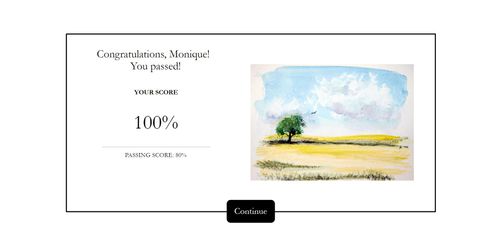 Post-assessment "success" screen with a score of 100%. There is a water color painting.