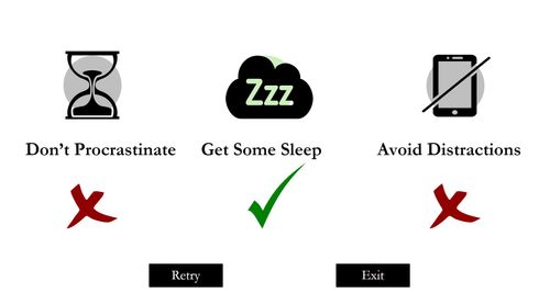 The study tips are shown in the form of a results screen after the interaction. Only one is filled with color the rest are gray.