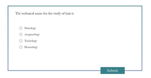 Image showing a sample question "The technical name for the study of hair is" with 4 options listed.