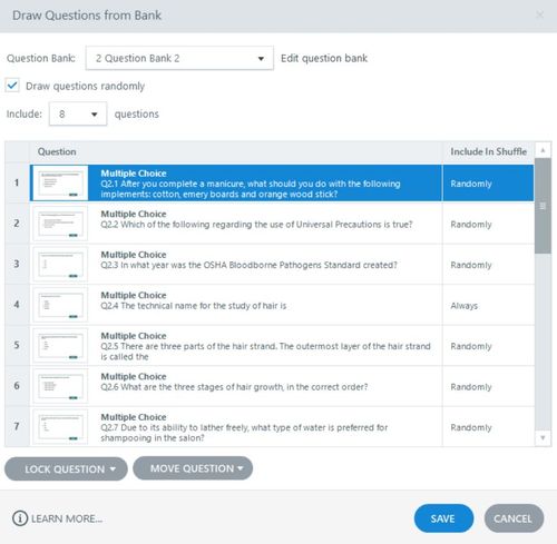 Question bank 2 showing a list of several questions. Some are required some are chosen at random.