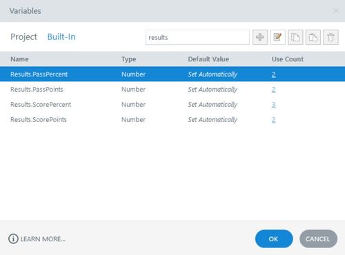 Image showing a list of 4 built-in "results" variables in the project.