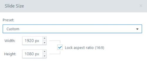 Image of the slide size set up menu in Storyline  1920 x 1080.