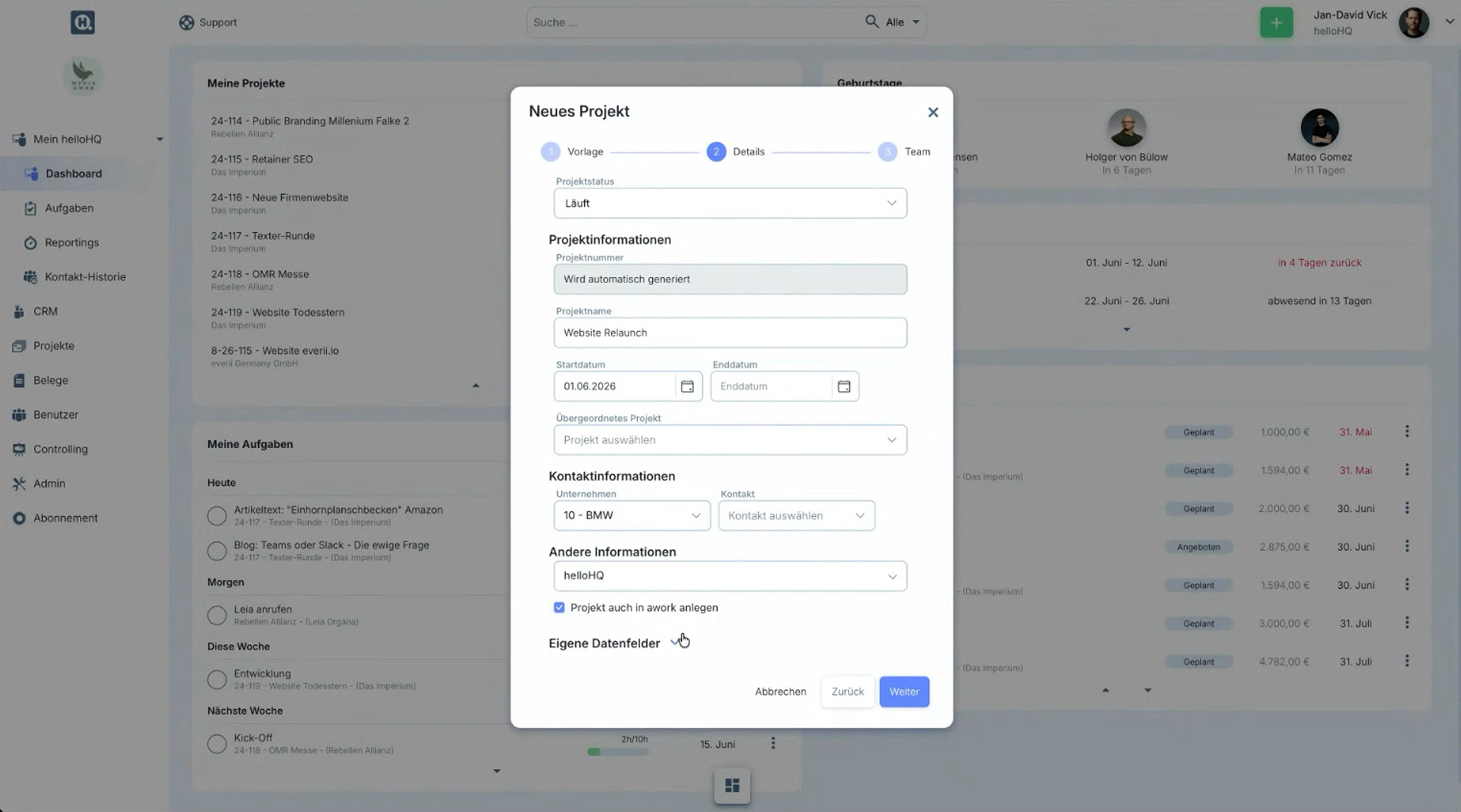 Create a new project for the helloHQ awork integration