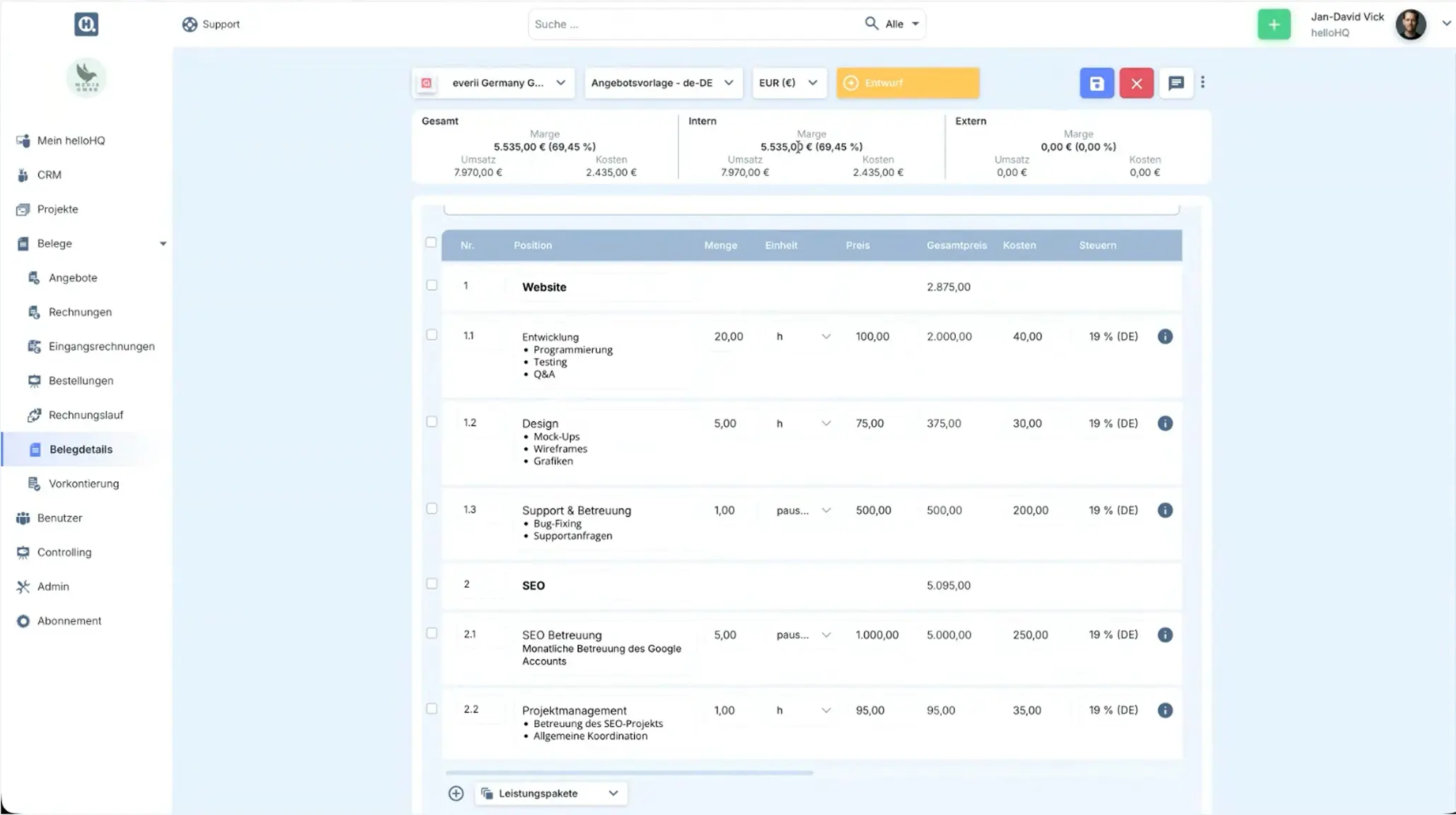 Add costs to the new project in helloHQ