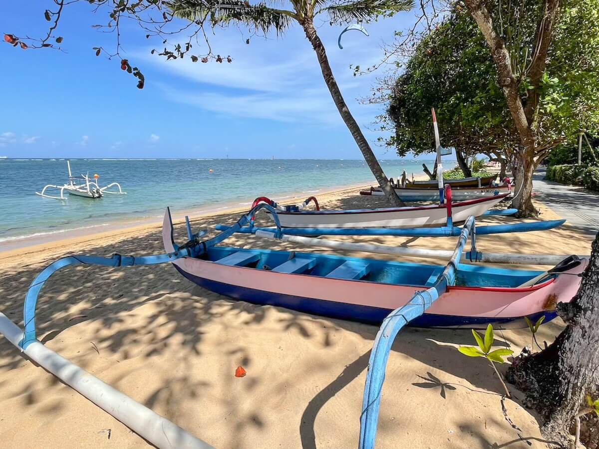 Boats lined along the beach at Sanur, Bali