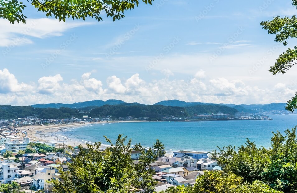 A view overlooking the bay and beach in Kamakura Japan
