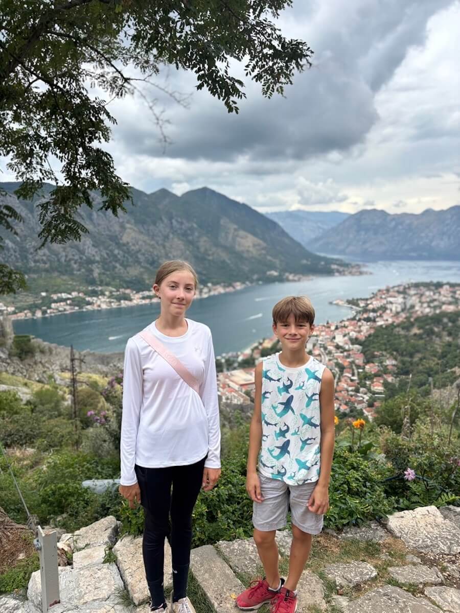 The Belair Arbour kids overlooking the Bay of Kotor on a morning hike