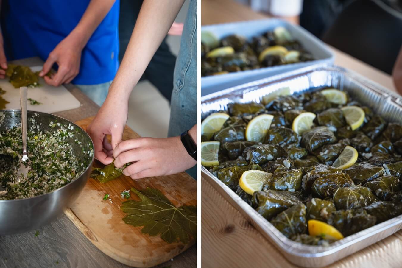 A family make stuffed vine leaves in Syros Greece.