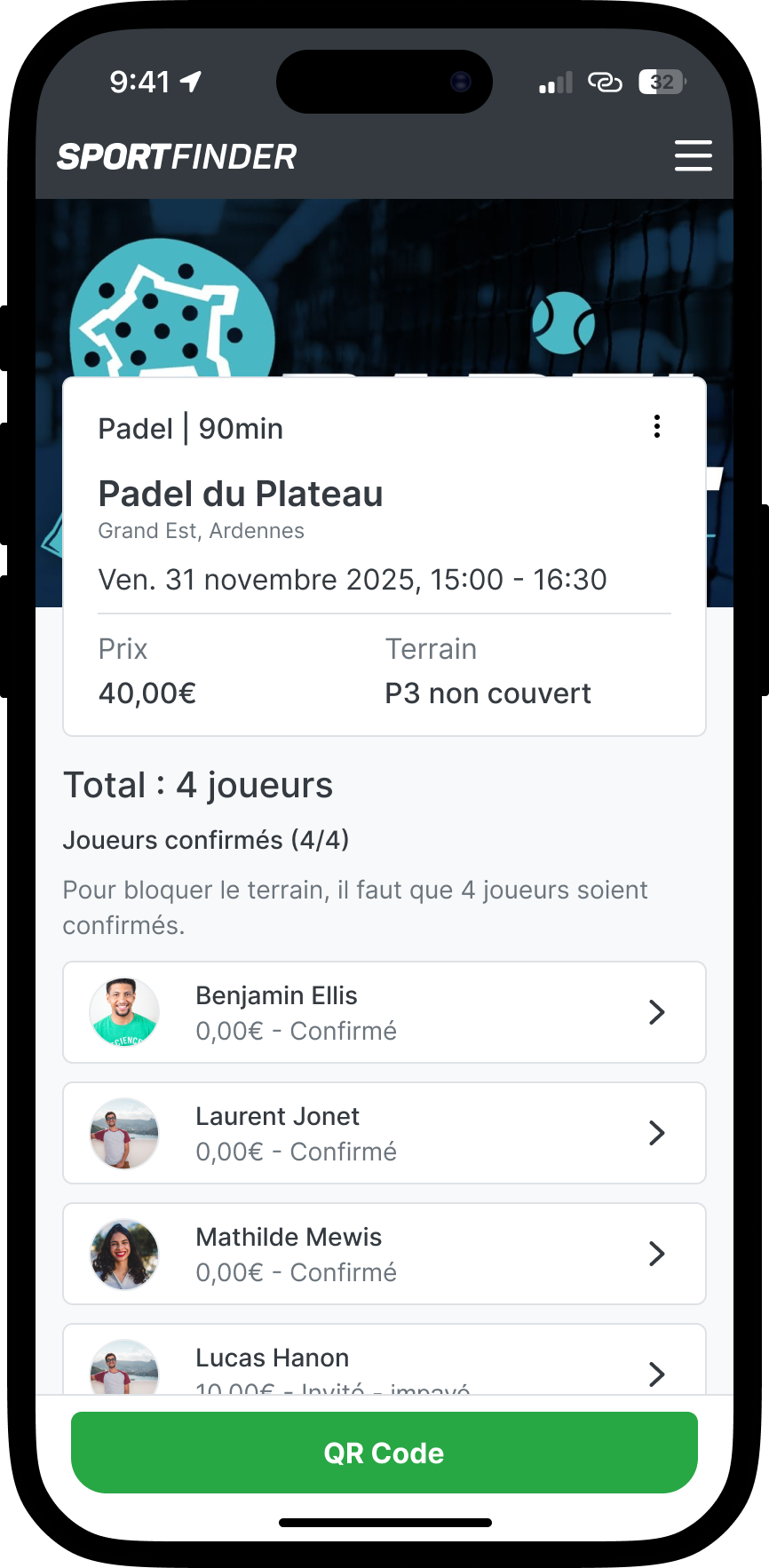 Resume of the booking in the app SportFinder