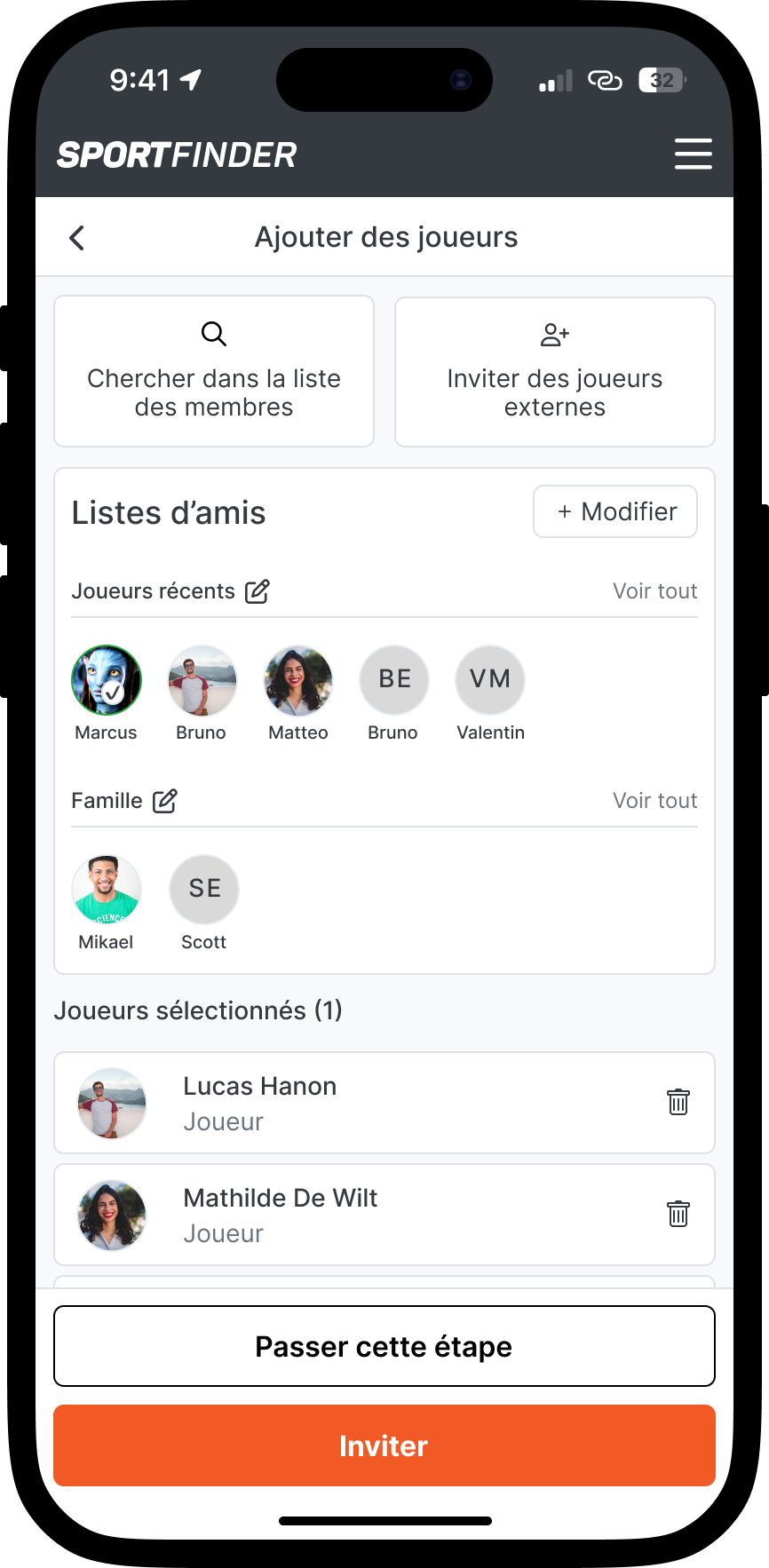 Adding players in the app SportFinder