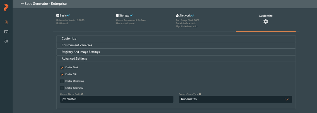 basic Portworx settings to deploy on K8s