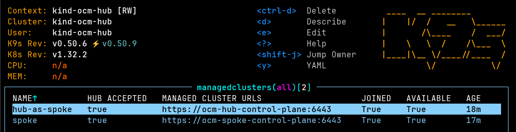 two ManagedClusters on the hub cluster