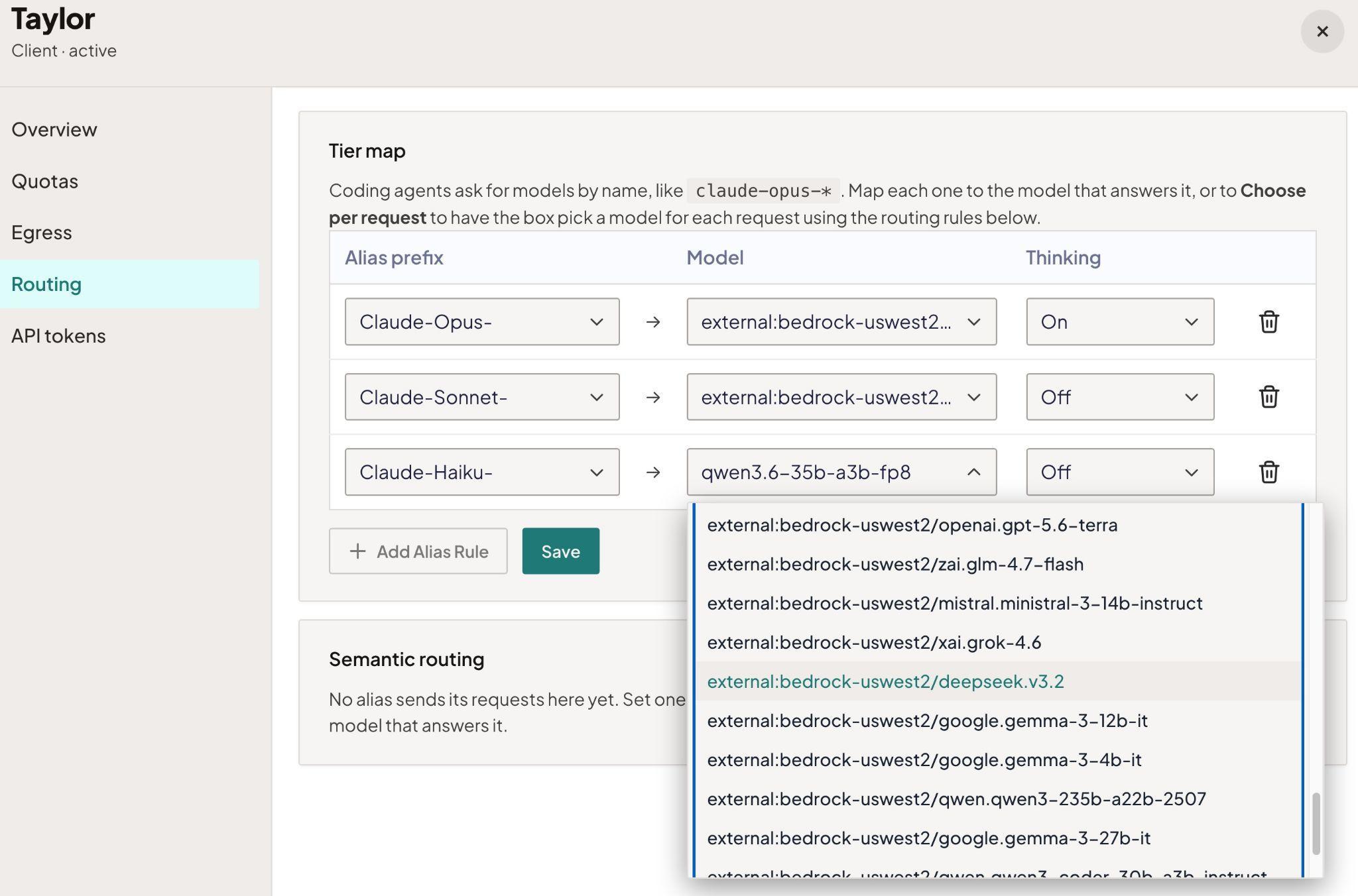 The Routing tier map for a client in PaletteAI Inference Launchpad, with a Claude alias being switched from a local Qwen model to a DeepSeek model served through the bedrock-uswest2 endpoint