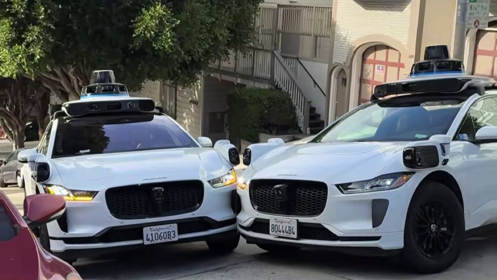 Two Waymo robotaxis stopped nose to nose on a narrow residential street
