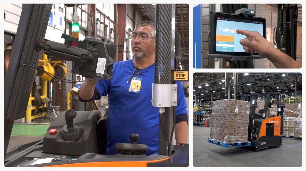 A warehouse worker at the controls of an autonomous forklift, with inset views of a tablet interface and an orange forklift carrying a pallet