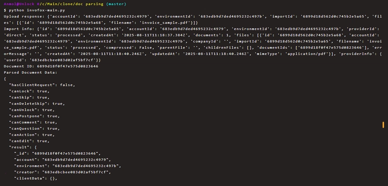 invofox parsed document using python script
