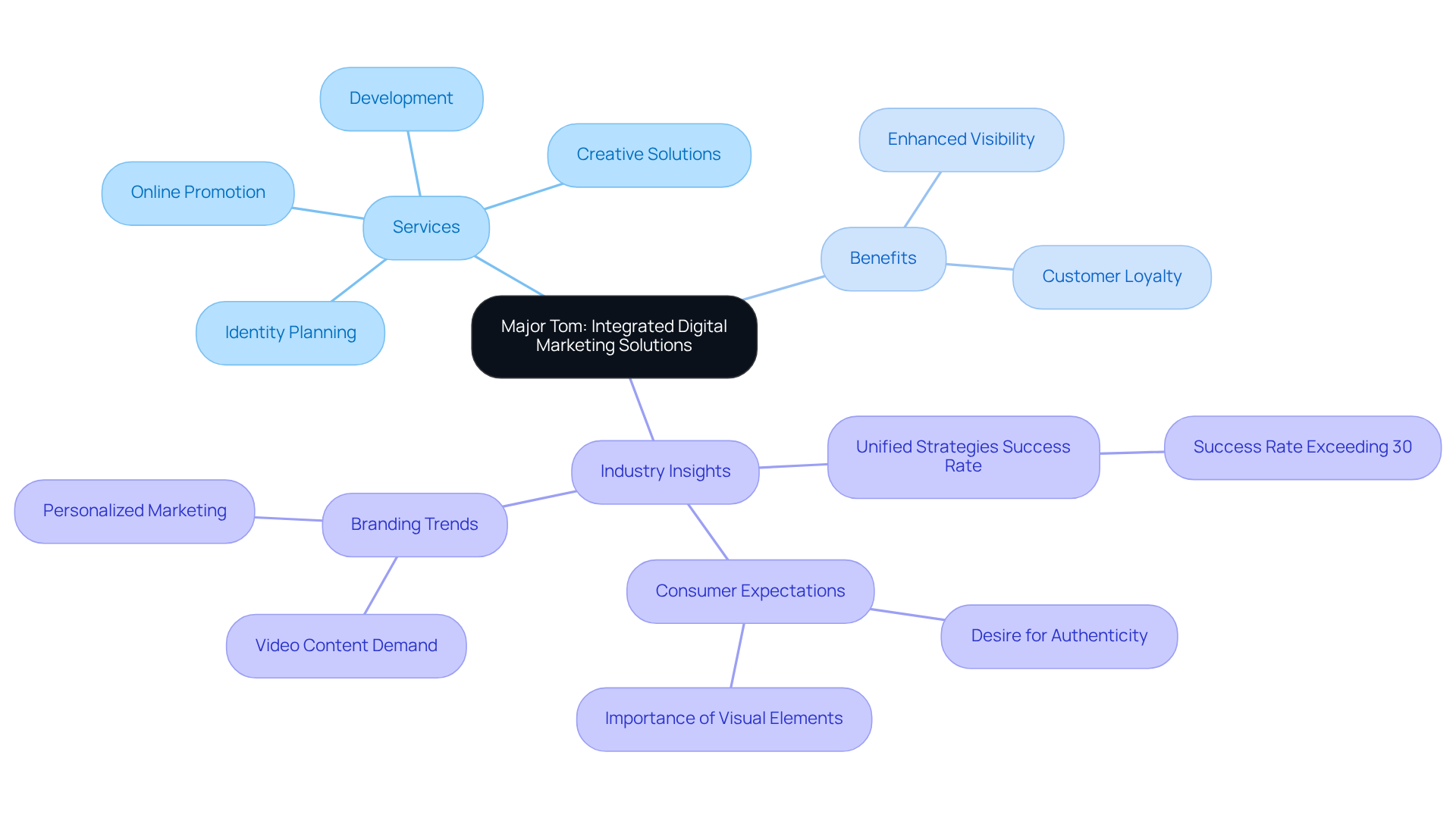 The central node represents Major Tom's services, with branches showing important aspects like specific services offered and their benefits to companies. Follow the branches to understand how these elements connect to create a comprehensive marketing strategy.