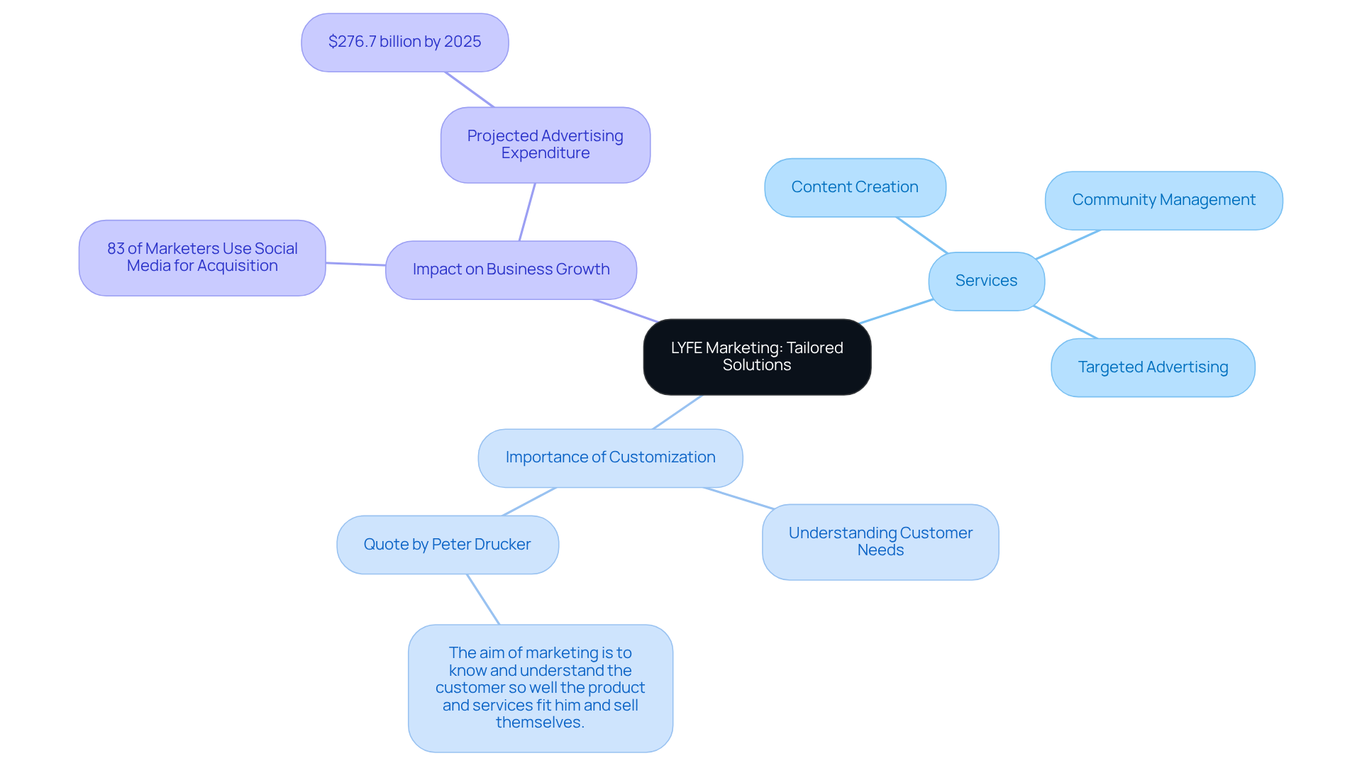 The central node represents LYFE Marketing's approach, with branches showing their services, the significance of customization, and how these strategies contribute to business success. The central node represents LYFE Marketing's approach, with branches showing their services, the significance of customization, and how these strategies contribute to business success.