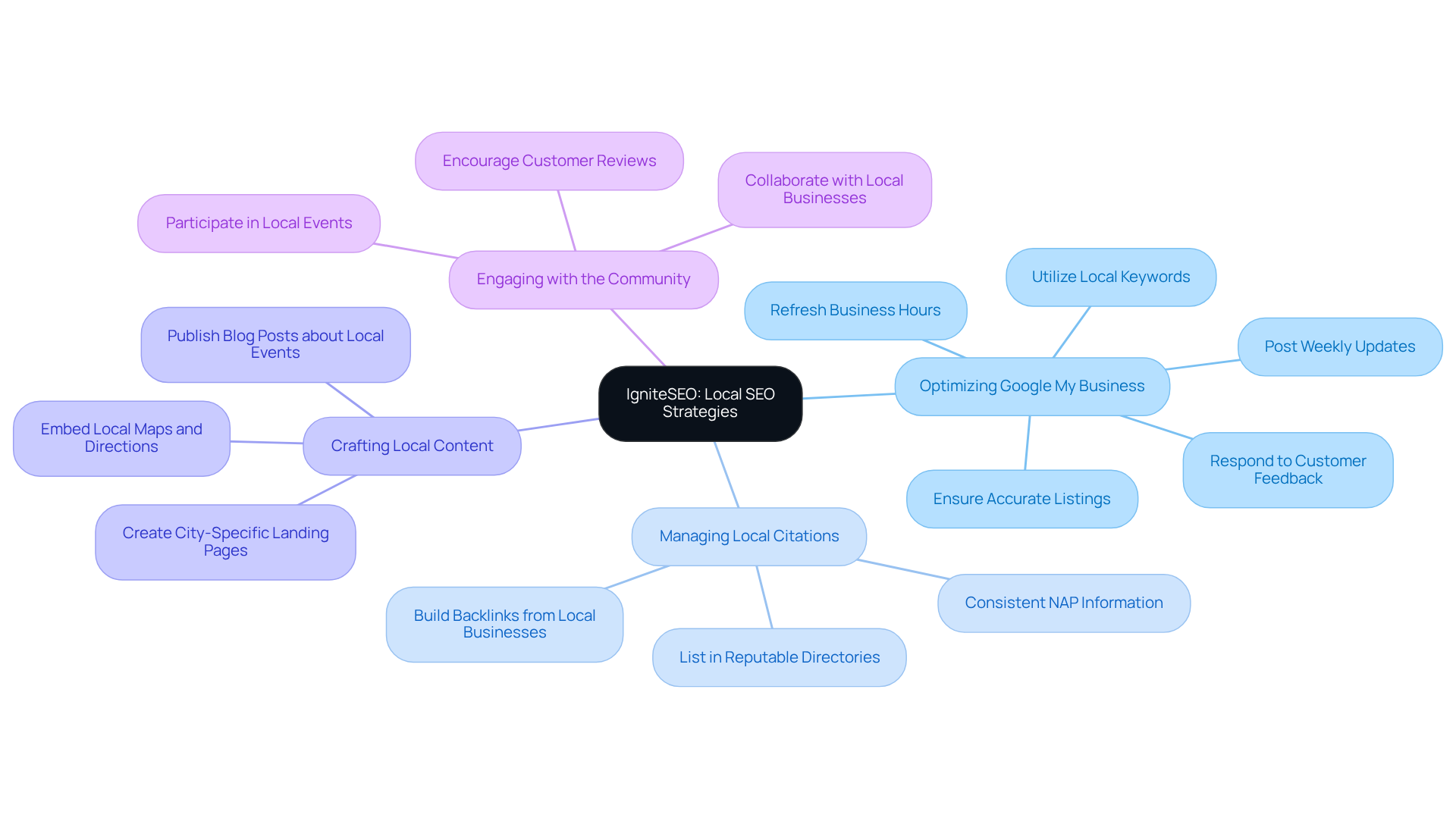 The center represents IgniteSEO's focus on local SEO, while the branches show different strategies and actions businesses can take to improve their local visibility and engagement.