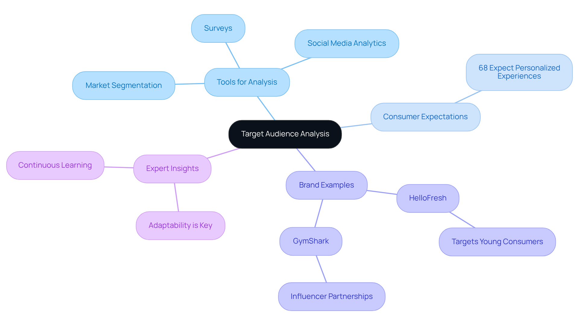 The central node represents the main topic, while the branches show different aspects of audience analysis. Each color-coded branch helps you see how tools, expectations, and examples connect to the overall strategy.