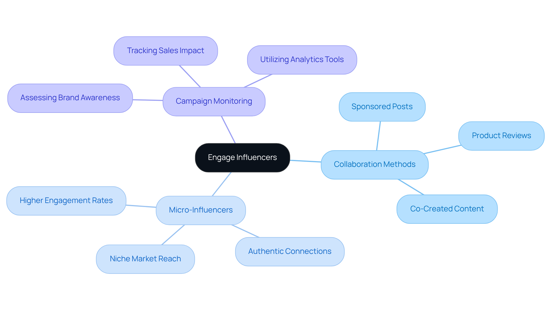 The center represents the main strategy of engaging influencers, with branches showing different methods and considerations. Each color-coded branch helps you see how these elements connect to the overall goal of expanding brand reach and credibility.