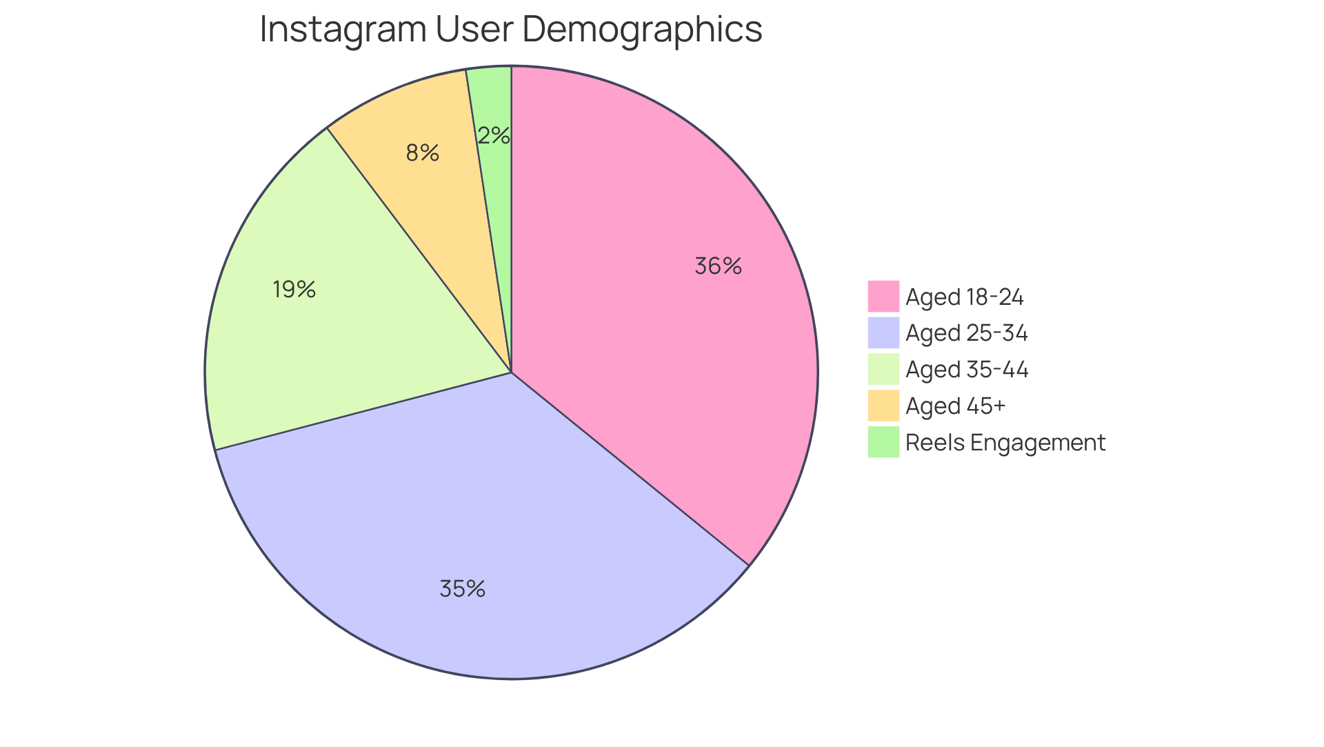 Each slice of the pie shows the percentage of users in different age groups and how much engagement formats like Reels generate. The bigger the slice, the more significant that group is in terms of total users or engagement.