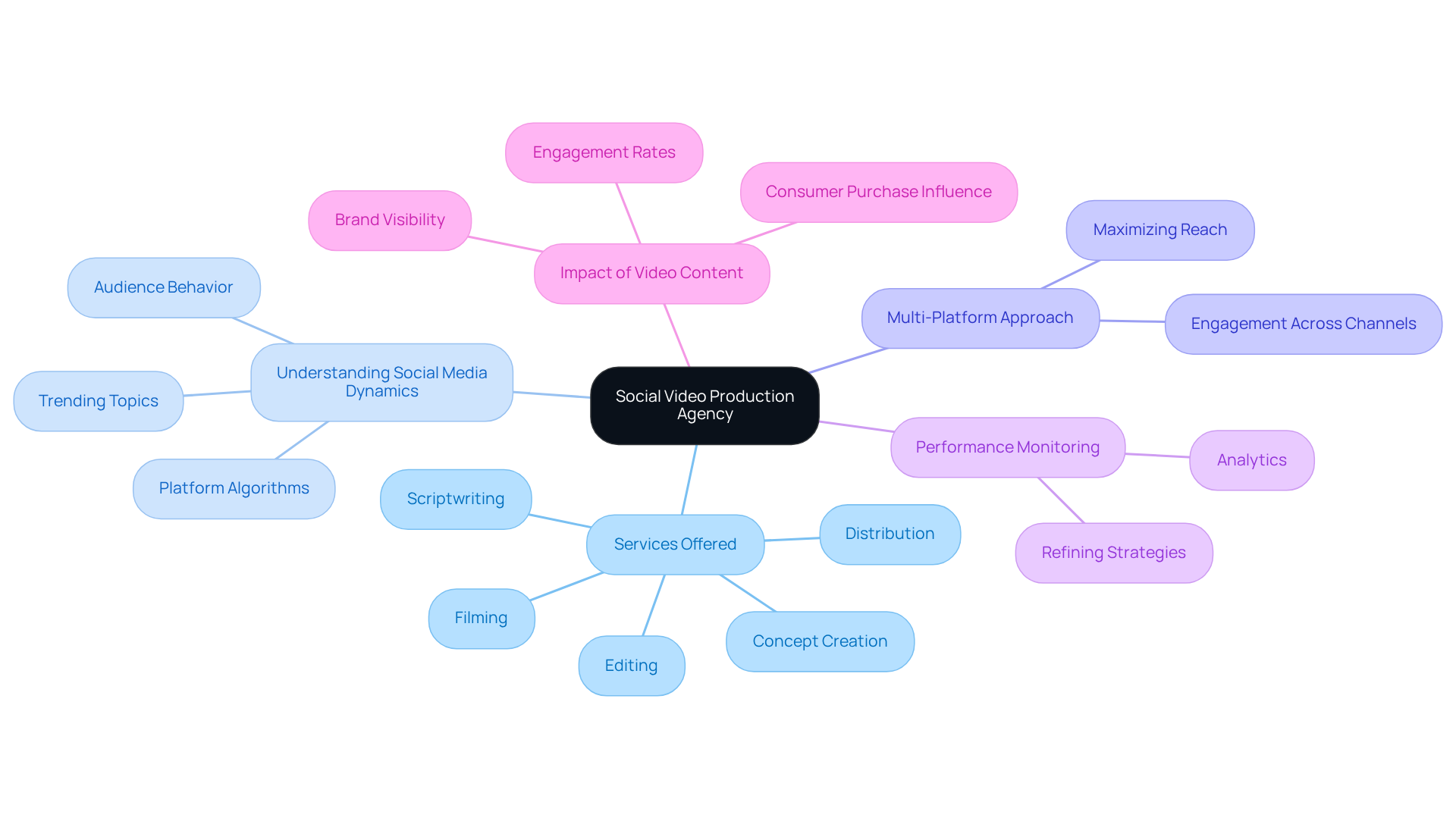 The center represents the agency itself, while the branches show the different aspects that define its role and effectiveness in social media. Each branch connects to specific services or strategies that contribute to the agency's success.