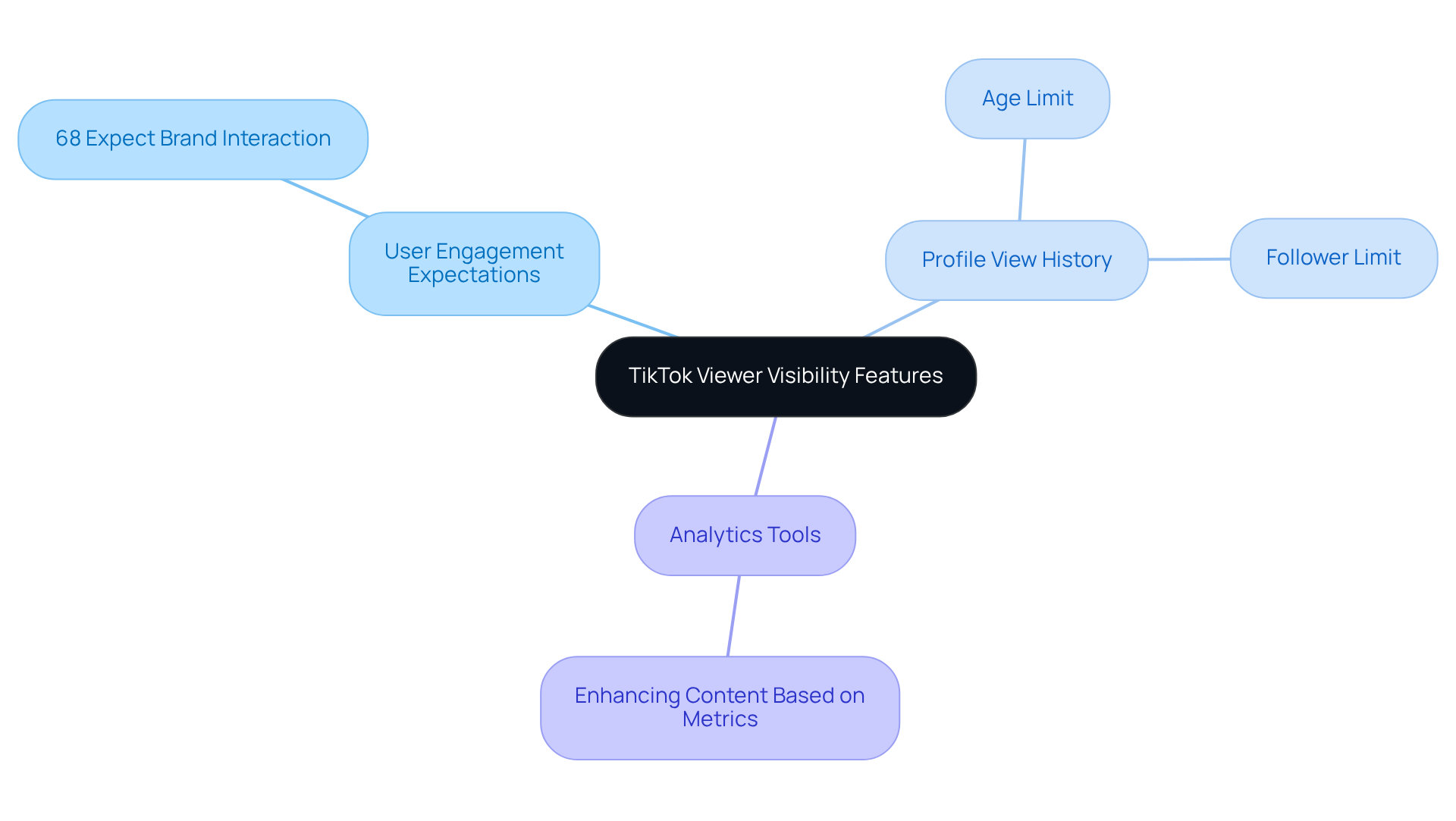 The central node represents TikTok's features, with branches showing different aspects of viewer engagement and privacy. Each branch highlights important points, making it easy to see how they connect.